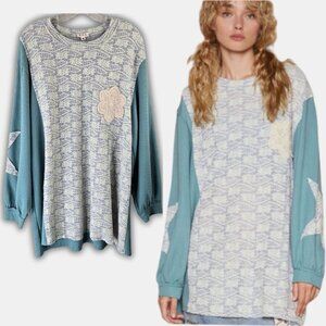 POL Waffle Knit Tunic Top M Blue White  Floral Lace Boho Oversized Long Sleeve